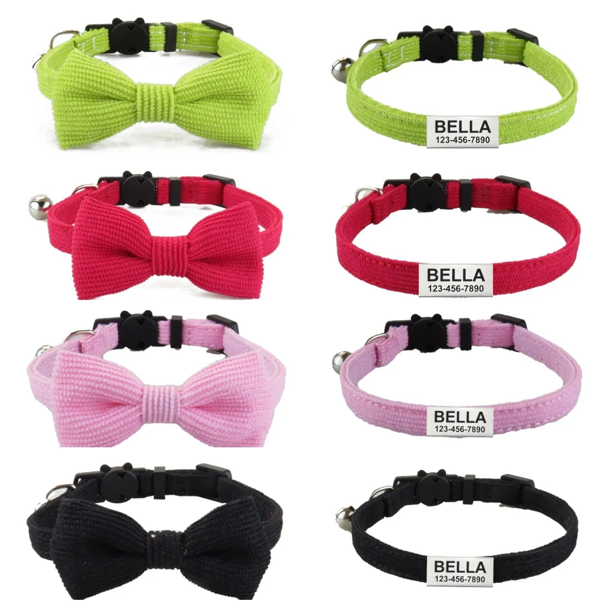 Collar de gato de pana con hebilla de seguridad ajustable personalizado con campana de arco, etiquetas de nombre de identificación y número de teléfono personalizados para perros y gatos pequeños
