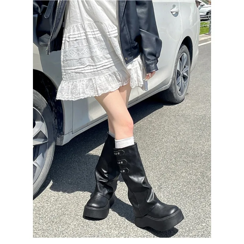 Diseñador estilo Punk mujeres pantalones piernas Botas Largas moda Mujer parte inferior gruesa hasta la rodilla botines Zapatos De Mujer - imagen 3