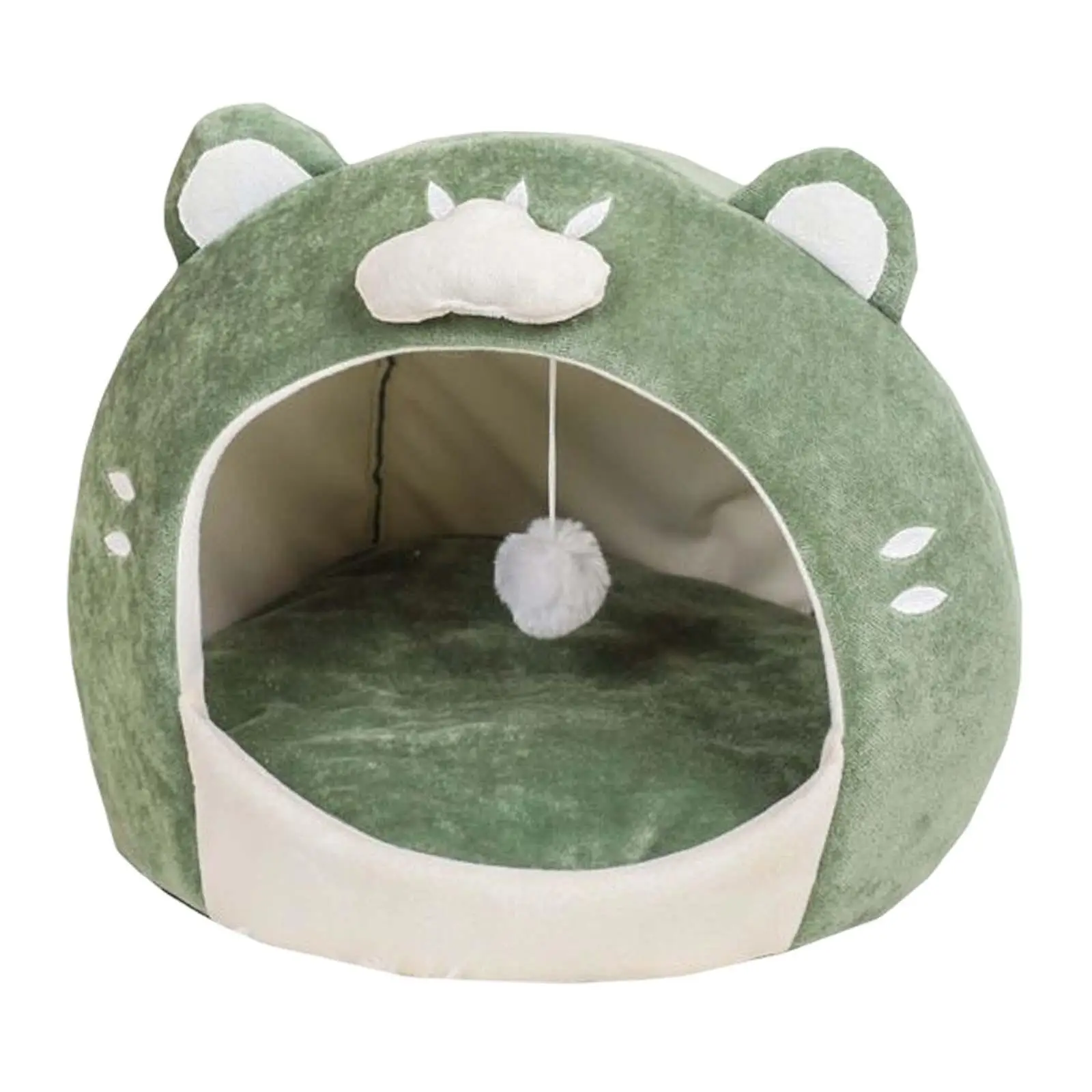 Cat Cave Bed Green Pet Cat House Hut with Plush Ball Cute Appearance Sturdy Construction Anti Slip Base Soft and Comfortable