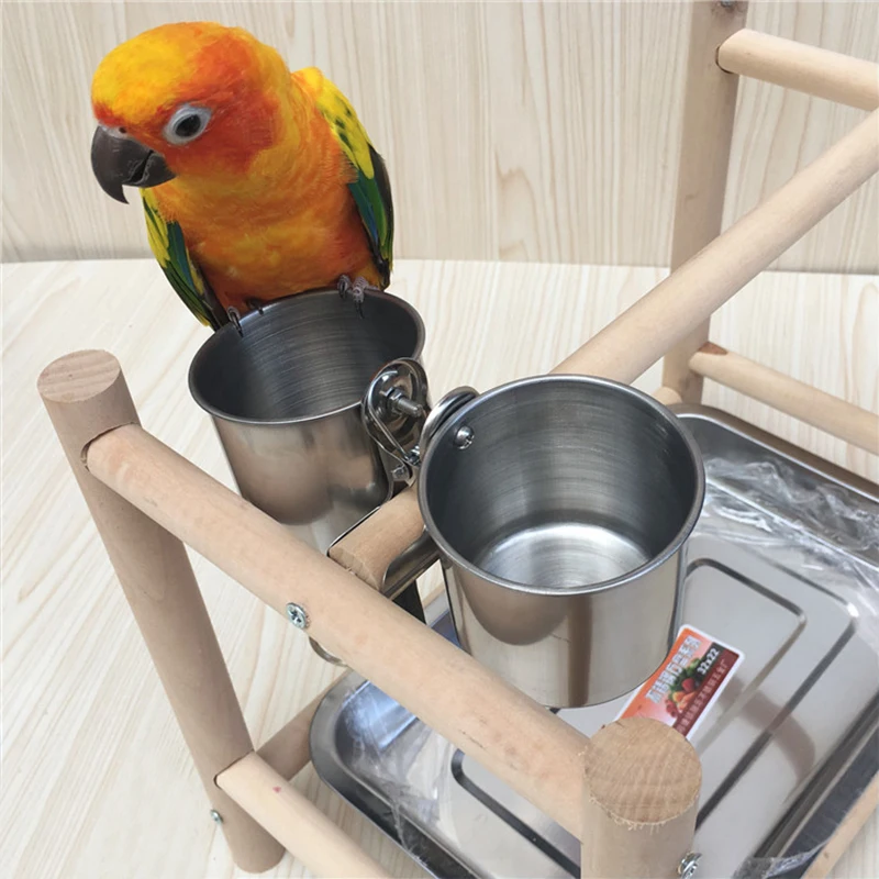 Soporte de jaula de acero inoxidable para mascotas, dispensador de vasos de alimentación de agua y comida doble con Clip, suministros duraderos para pájaros y loros