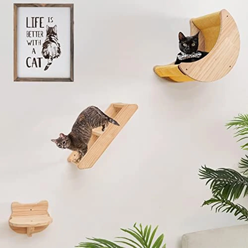 Marco de escalada para gatos montado en la pared de madera maciza, poste rascador para gatos, escalera de hamaca con Sisa para jugar y descansar gatos - imagen 5