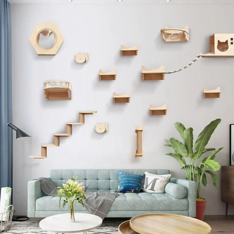 Estantes de escalada para gatos, hamaca para gatos, torre montada en la pared, casa colgante de pared tejida a mano para gatos, macramé, escalones y plataforma desmontables - imagen 3