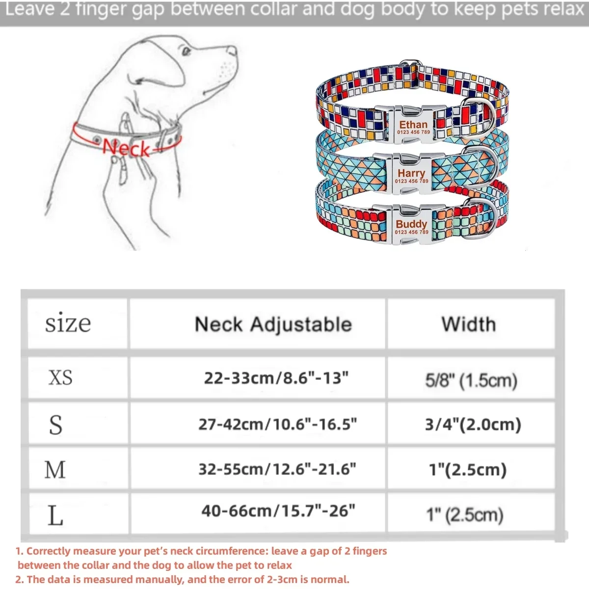 Collar de nailon a cuadros para perros Unisex, collares personalizados para perros pequeños y grandes, etiqueta de identificación con nombre grabado gratis - imagen 4