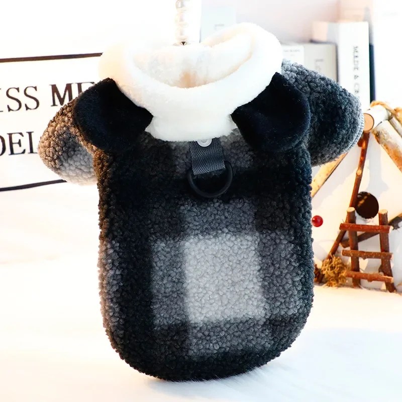 Traje de Otoño Invierno para mascotas, abrigo a cuadros de lana de cordero, Sudadera gruesa con capucha de lana de partículas de gato, bonita tracción, perro pequeño, mascota de peluche - imagen 2