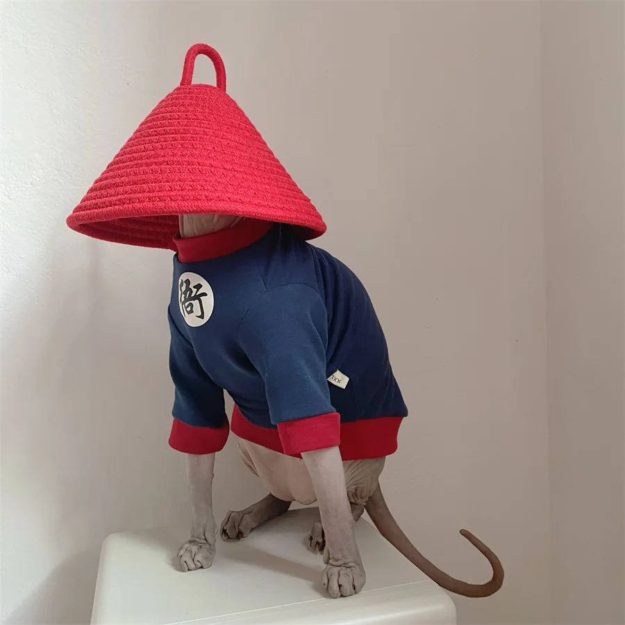 Ropa de primavera para el gato Sphynx Trajes militares chinos antiguos Cosplay Camiseta de algodón para gato sin pelo Perro pequeño Azul Rojo Abrigo - imagen 2