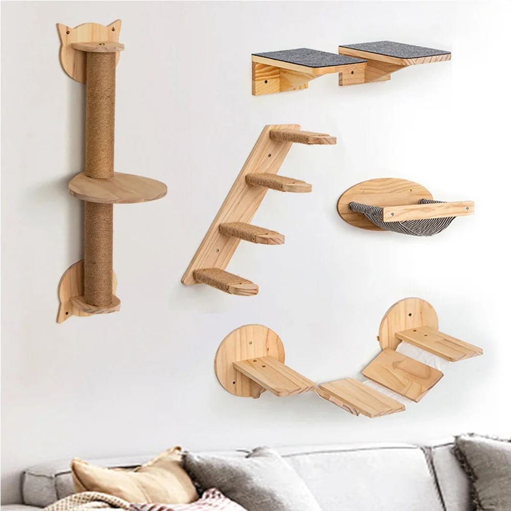Estantes de escalada para gatos montados en la pared, casa para gatos, puente para gatos, hamaca para gatos con poste rascador y pedales o escalera para gatitos - imagen 3