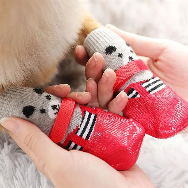 4 unids/lote de zapatos para perros, calcetines antideslizantes para cachorros, botas cálidas para perros, protectores de patas para perros pequeños, suministros para mascotas - imagen 2
