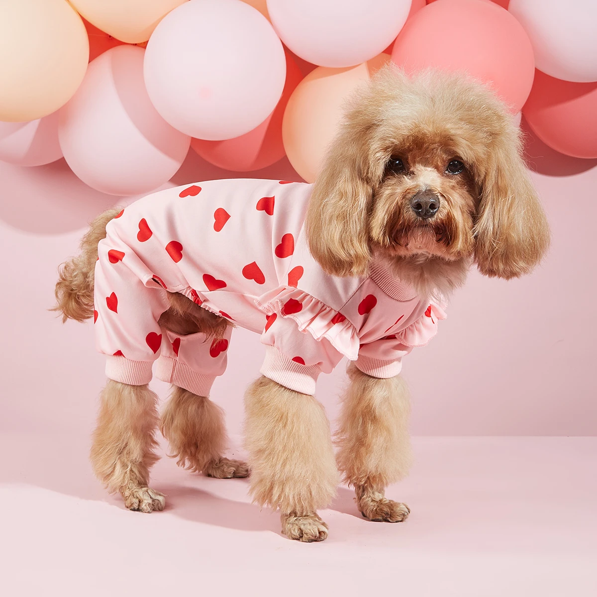 Pijama de perro pequeño con corazones rosas, manga acampanada, Día de San Valentín, elástico, cachorro, Pjs, mono suave, ropa de gato, Mono para uso diario - imagen 3