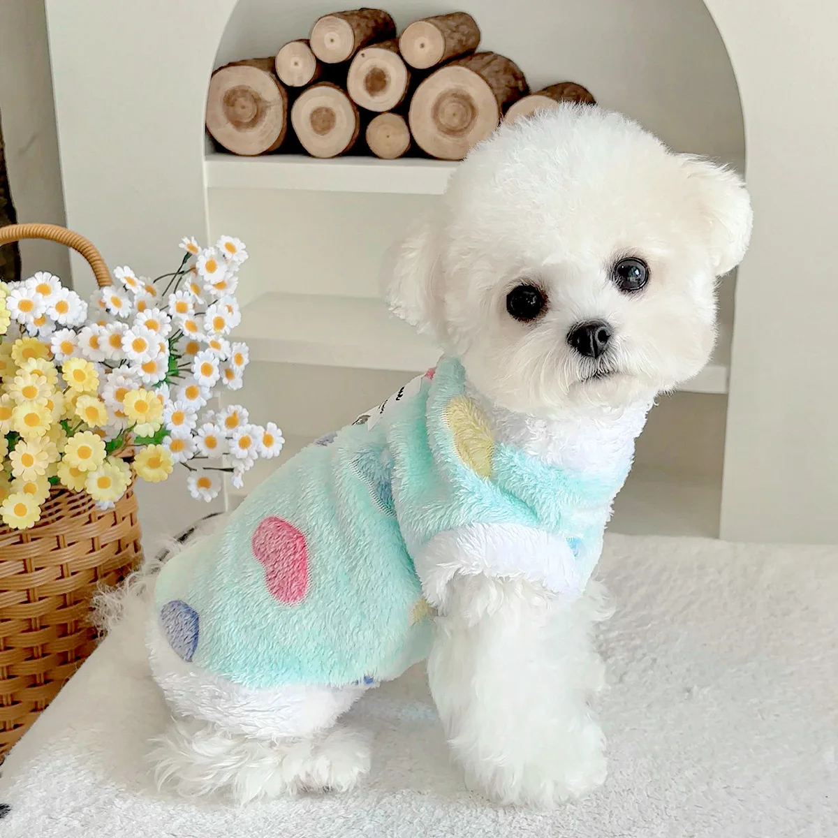 Otoño e Invierno mascota de peluche colorido amor camiseta sin mangas Teddy perro pequeño tracción abrigo de felpa gato Sudadera con capucha ropa para cachorros chaleco para perros - imagen 4