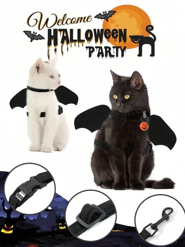 Disfraz de murciélago para Cosplay de gato de Halloween, alas negras con arnés bonito, alas con correa, accesorios para gatos, suministros para fiestas y festivales de mascotas - imagen 2
