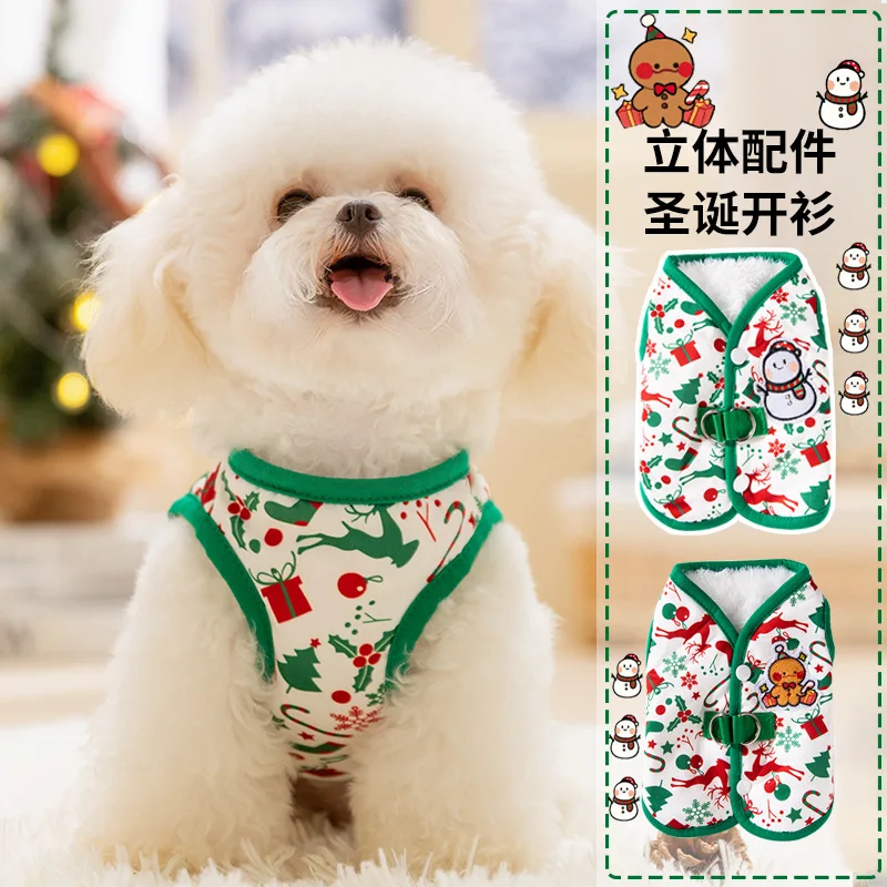 Chaleco de muñeco de nieve para mascotas, cárdigan cálido de Navidad, ropa para mascotas pequeñas de peluche, ropa para perros pequeños, ropa para cachorros, otoño e invierno