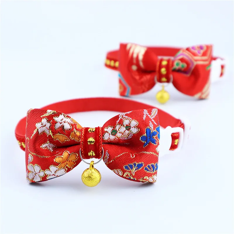Collar de satén rojo Feliz Año Nuevo, lazo de gato de estilo chino, bonito collar de perro y gato de Año Nuevo, accesorios para mascotas - imagen 4