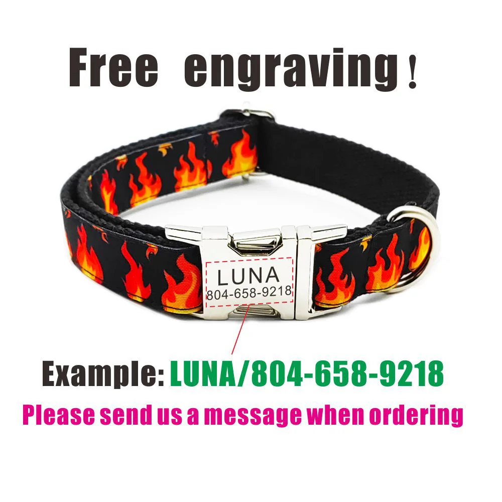 Collar de mascota con patrón de fuego personalizado, etiqueta de identificación de cachorro, ajustable, accesorio para gato, negro, básico, Correa - imagen 4