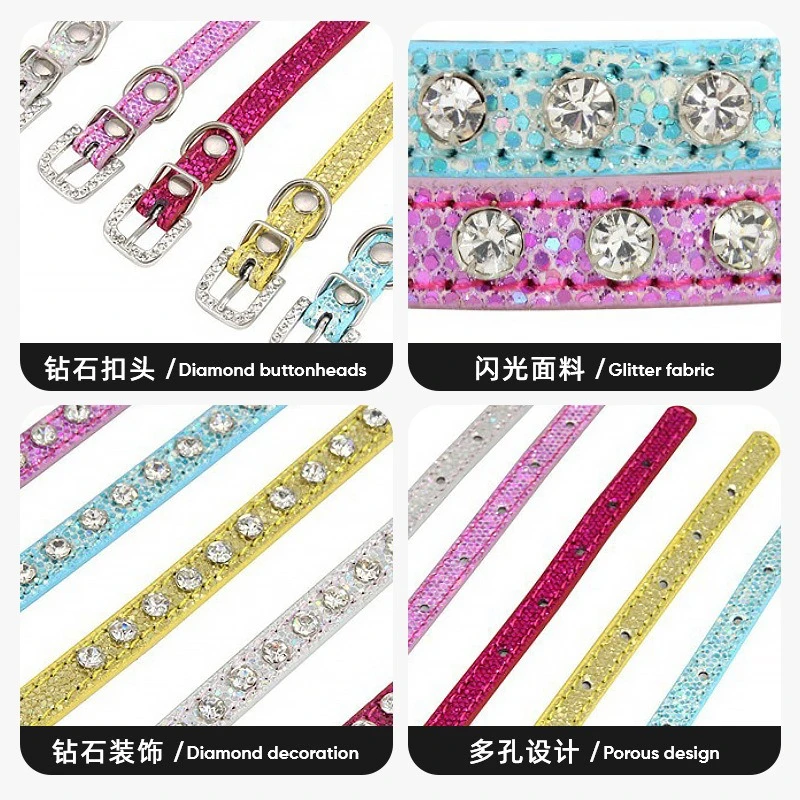 Collar para mascotas con diamantes de imitación y correa de cuero, Collar brillante ajustable para gatito, cachorro, Chihuahua, correa para el cuello, accesorios para mascotas - imagen 2