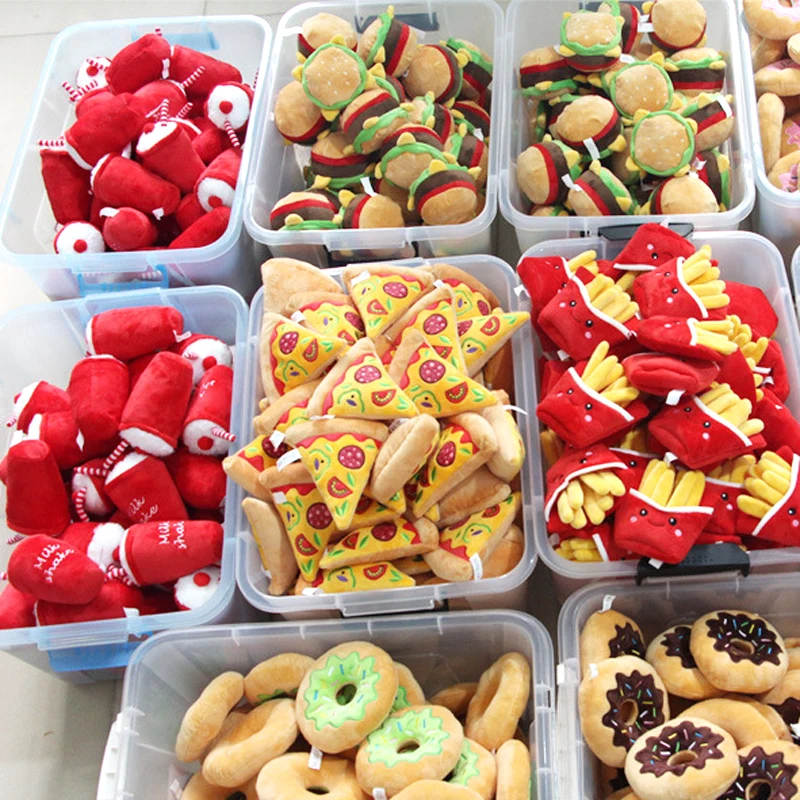 Juguete de peluche para mascotas, masticar perros, juguetes con chirrido, juego interactivo para cachorros, suministros de sonido, lindo, papas fritas, hamburguesa, carne, divertido - imagen 3