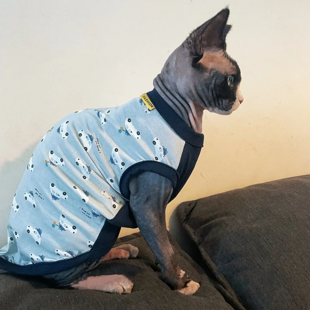 Camiseta de algodón de dibujos animados para Sphinx en primavera Mono azul de manga corta para Devon Rex Chaleco de verano suave para perros gato machos - imagen 3