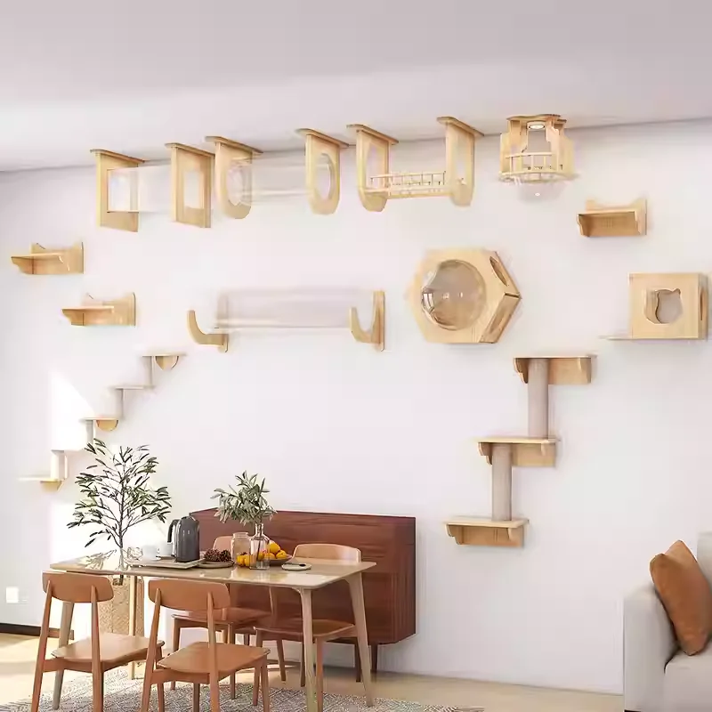 Escalera de escalada para gatos montada en la pared con hamaca y plataforma de madera maciza, muebles para juegos, dormir y saltar en interiores - imagen 3