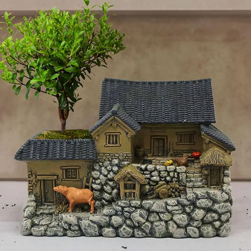 Casa de cabaña en miniatura, maceta suculenta rústica de resina, maceta de cabina de resina multifuncional para plantas suculentas, patio - imagen 4