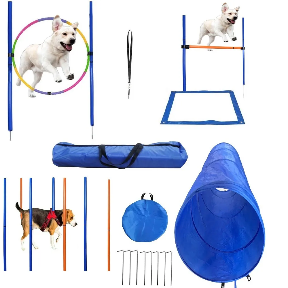 Juego de equipo de agilidad para perros y mascotas, Kit de entrenamiento de obstáculos, varillas de agilidad para saltar, correr, 7 polos de piezas, 60cm de diámetro, entrenador de túnel