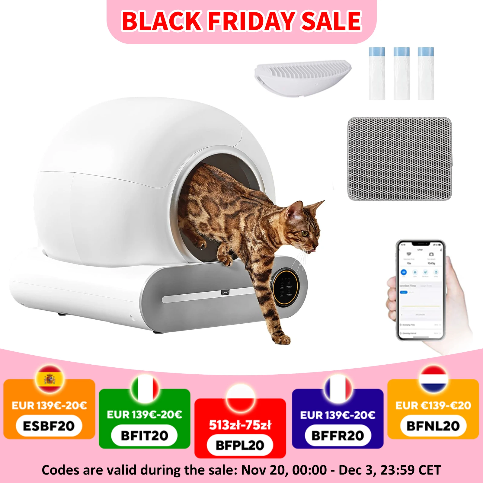 Caja de arena para gatos autolimpiante inteligente de 65L con aplicación, caja de arena para gatos inteligente automática, bandeja de arena para inodoro para mascotas completamente cerrada