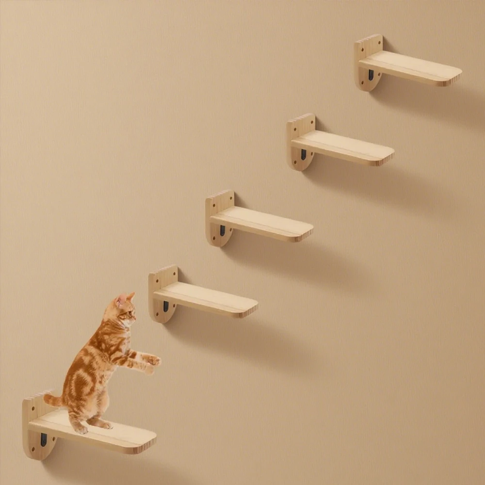 Escalera flotante de pared para gatos, 5 piezas, escaleras de madera Natural, muebles de madera montados en la pared para gatos, estantes y perchas de escalada - imagen 2
