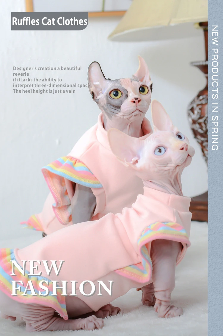 Sphynx Ropa para gatos sin pelo para primavera y otoño, lindo vestido de algodón con mangas con volantes de arcoíris, ropa para mascotas, disfraz, vestido para gato para gatito - imagen 5