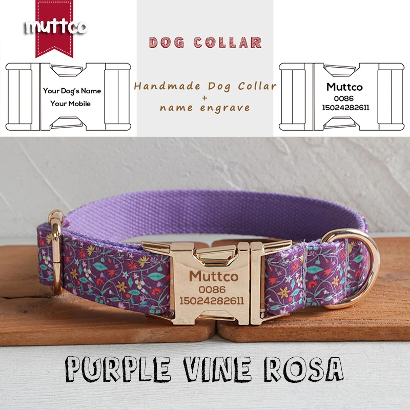 Collar con hebilla de metal grabado MUTTCO, collar con etiqueta de identificación de perro personalizada con rosa de vid púrpura, placa de identificación de 5 tamaños, suministro antipérdida UDC185