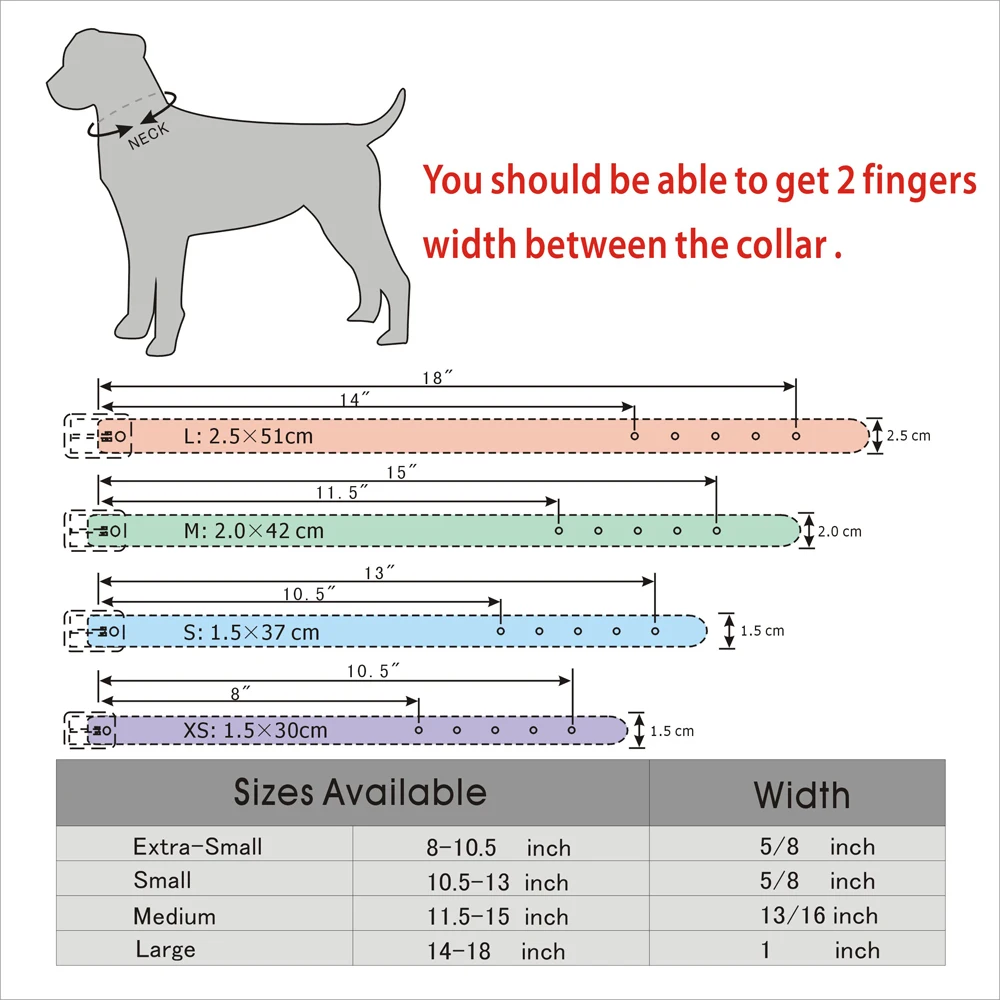 Tabla de tallas del collar brillante para perros pequeños