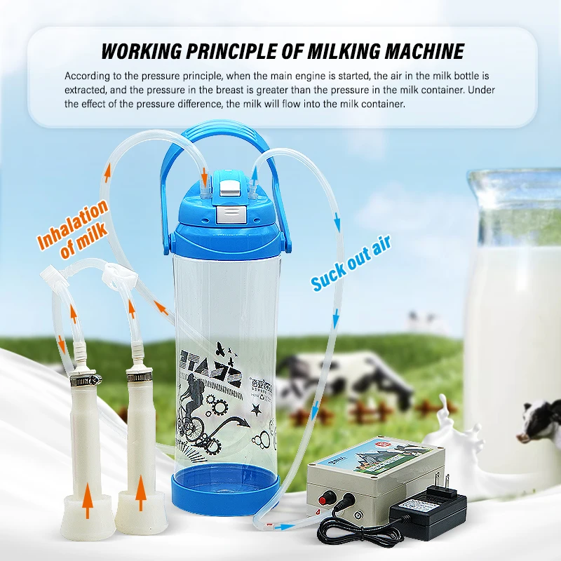 Ordeñadora eléctrica de vaca y cabra, bomba de vacío automática, ordeñadora de doble cabeza con botella de plástico, 3L - imagen 3
