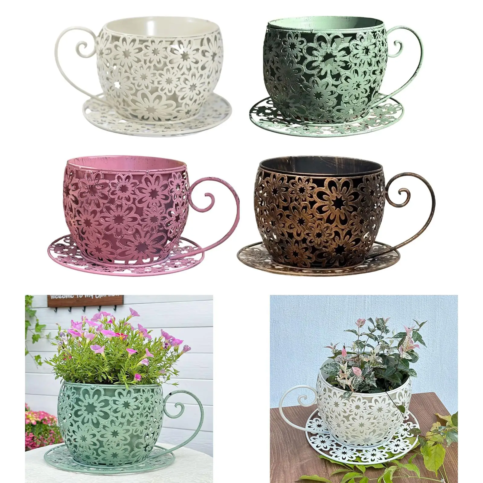 Creative Iron Planter Pot Elegant Teacup Flower Vase Vintage Art Balcony Decor for Indoor Outdoor Use