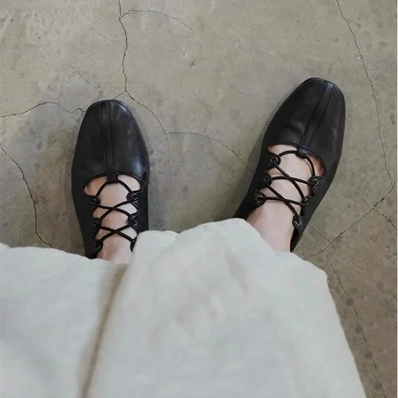 Zapatos planos bajos de Ballet, zapatos informales suaves para ir al trabajo, zapatos planos Retro con cordones cruzados para primavera y otoño 2025, Mary Jane - imagen 4