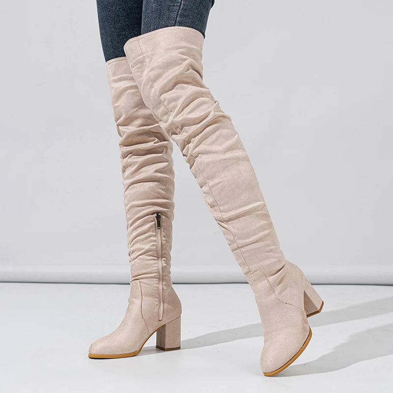 2025 Otoño Invierno negro marrón sobre la rodilla botas mujeres Sexy puntiagudas cremallera muslo zapatos altos tacones cuadrados botines Mujer - imagen 5