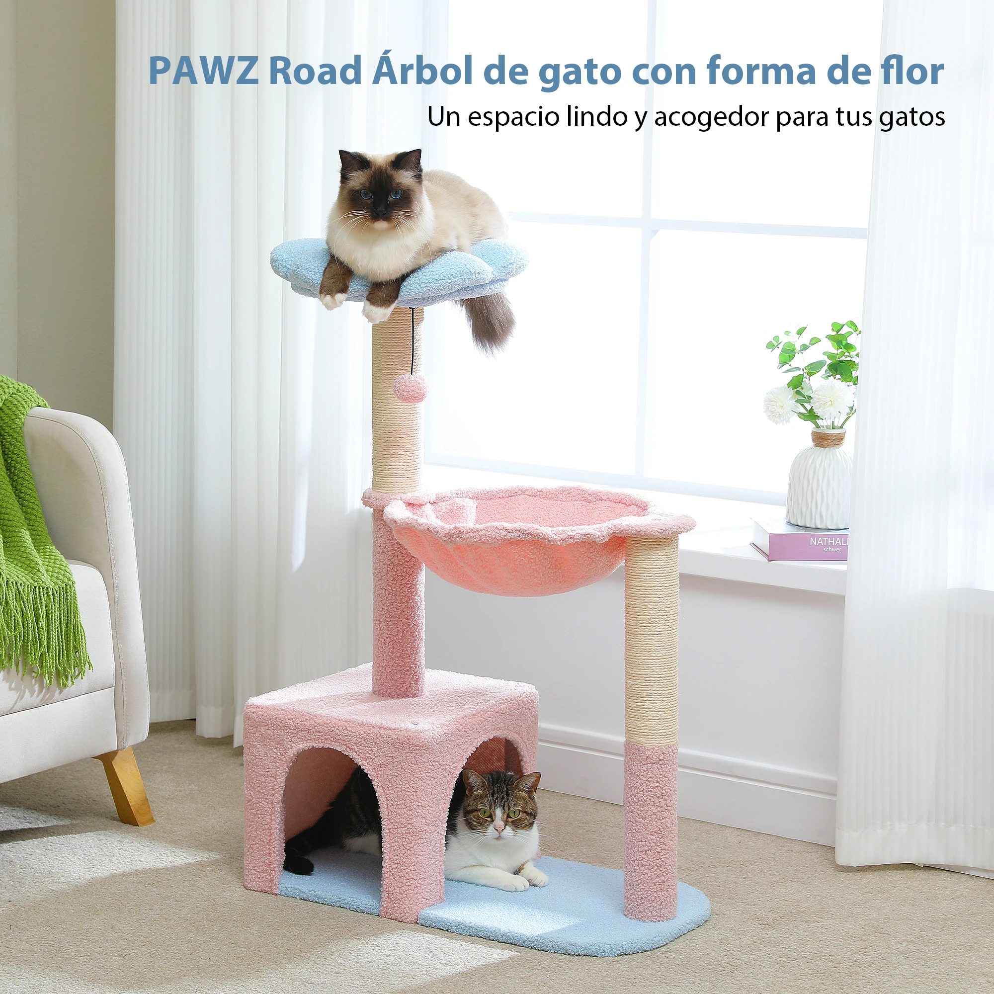 Torre de árbol para gatos con poste rascador de Sisal Natural, percha superior de flores acogedora, accesorios para gatos con pompón juguetón, muebles para gatos - imagen 4