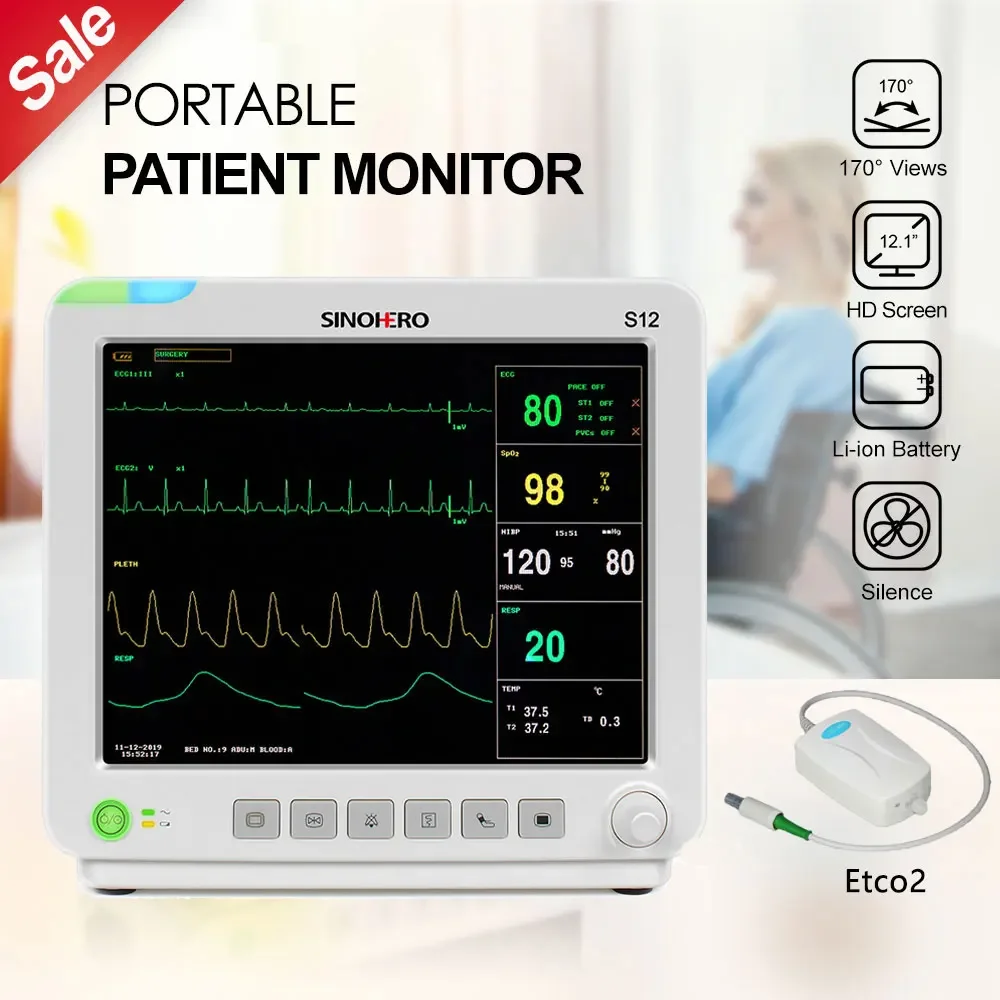 SINOHERO S12 Monitor de pacientes multiparámetros Monitor de signos vitales con ETCO2 para ECG humano RESP NIBP SpO2 TEMP pantalla LCD de 12,1 pulgadas - imagen 2
