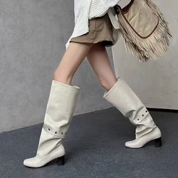 Nuevo estilo, combinación de botones, botas hasta la rodilla para mujer, zapatos largos de cuero plisados con punta redonda a la moda, tacones cuadrados bajos