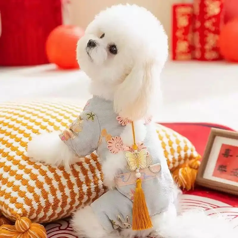 Ropa para perros de estilo chino, mono para perros de Año Nuevo, chaqueta cálida para cachorros, abrigo, peleles de gato con borlas de lujo, monos para mascotas, disfraz para perros - imagen 4