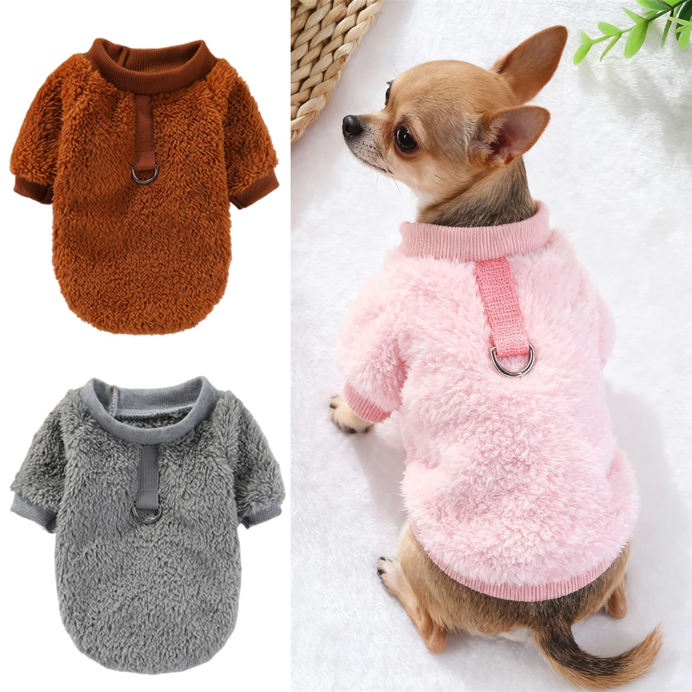 Sudadera cálida de lana sin capucha para perros pequeños y gatos, suéter para mascotas de otoño e invierno con anillo de tracción, ropa para cachorros