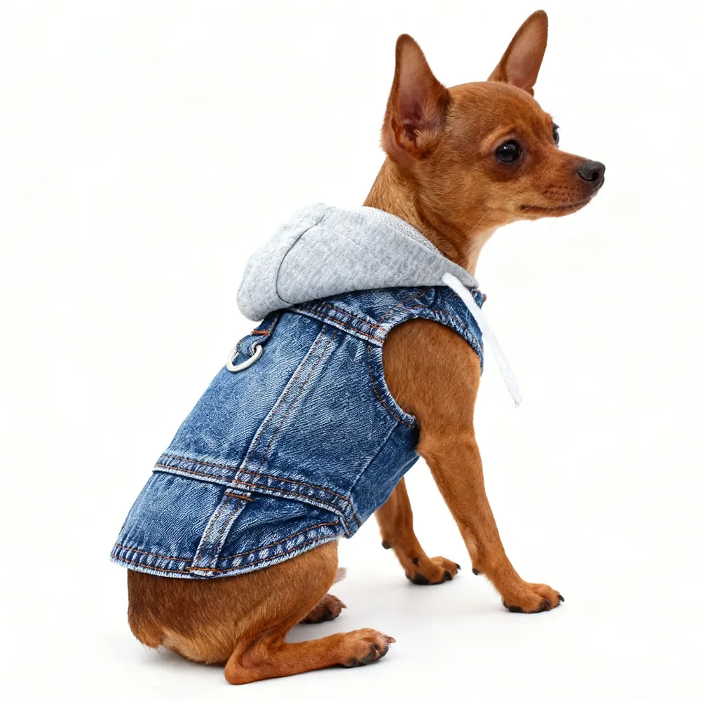 Chaqueta vaquera para perros, abrigo vaquero para niñas pequeñas y medianas, ropa para cachorros, chaleco con arnés de solapa y anillo en D para correa