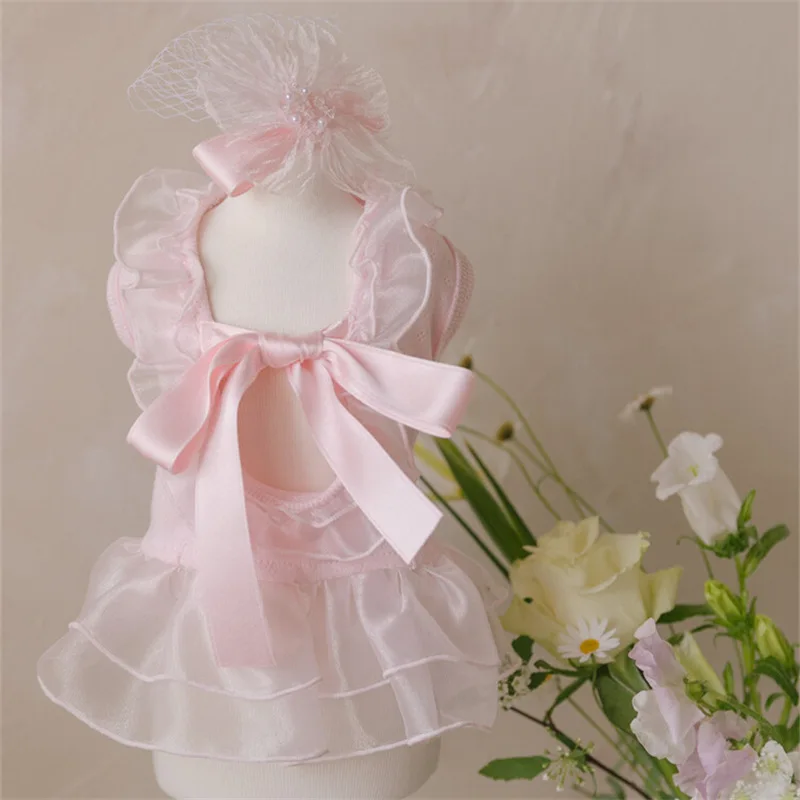 Vestido de princesa con volantes y lazo de malla tejido para mascotas, diadema con lazo, vestidos para perros pequeños, ropa para cachorros, primavera