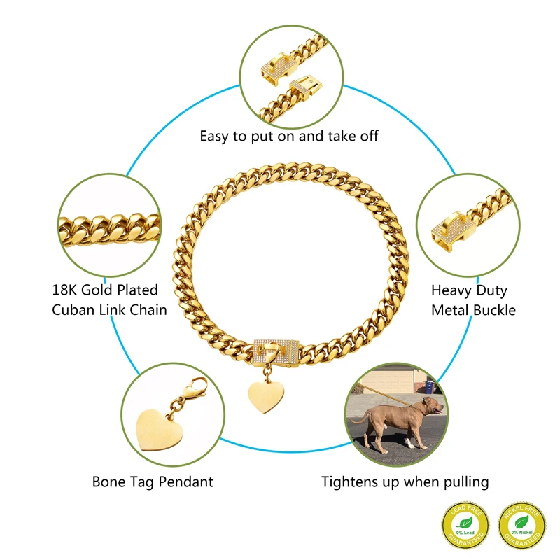Benepaw Strong 18K Gold Dog Chain Collar Metal Collar Cubic Zirconia Secure Buckle Small Medium Big Dog Luxury Cuban Link - imagen 2