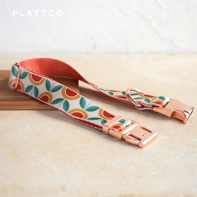 PLATTCO-collar de perro de diseño único, estampado de flores, patrón de té, hebilla de oro rosa de alta calidad, 5 tamaños, PDC351RG - imagen 3
