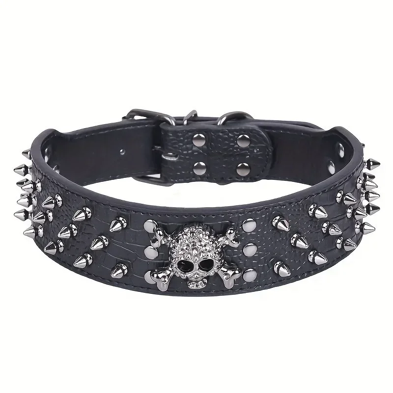 Collar de perro de cuero ajustable con tachuelas y pinchos con diseño de calavera Punk para perros medianos y grandes, suministros para gatos Pitbull Boxer - imagen 5