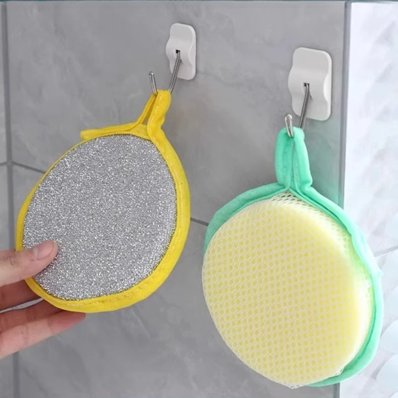 Esponja redonda de doble cara para lavar platos, cepillo lavable reutilizable para el hogar, sartén, Herramientas de limpieza de cocina, 1/5/3 piezas - imagen 4