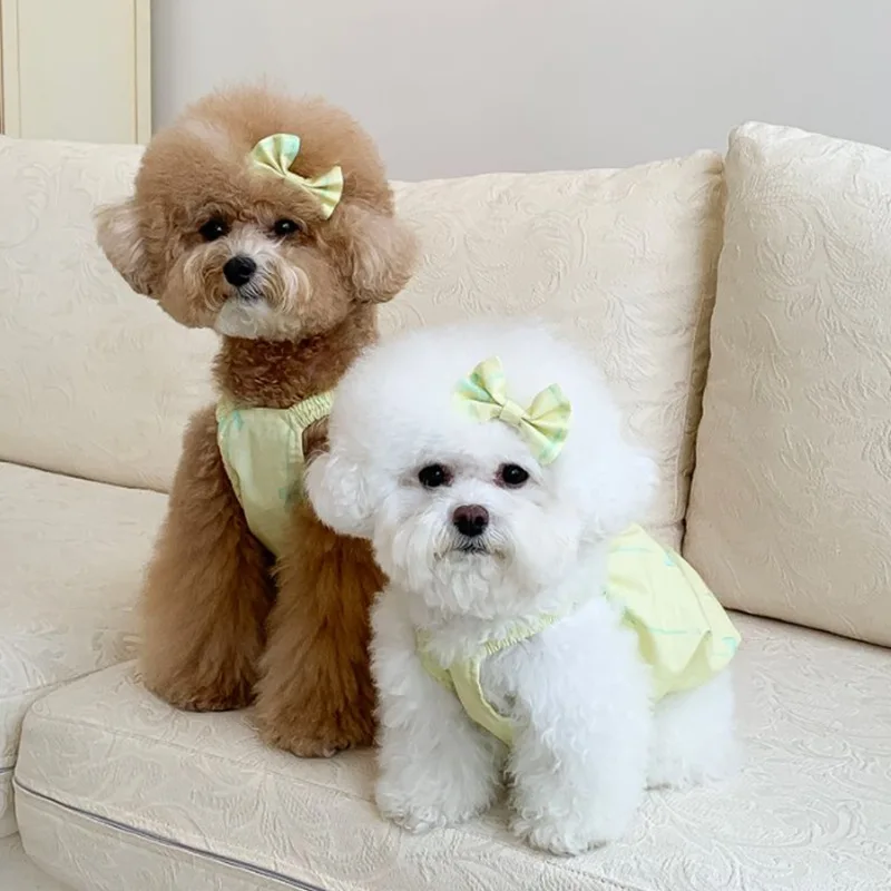 Ropa amarilla con lazo para mascotas, vestido de capas con volantes de encaje blanco para perros pequeños, vestido de fiesta de boda, ropa de princesa con flores para perros y niñas - imagen 3