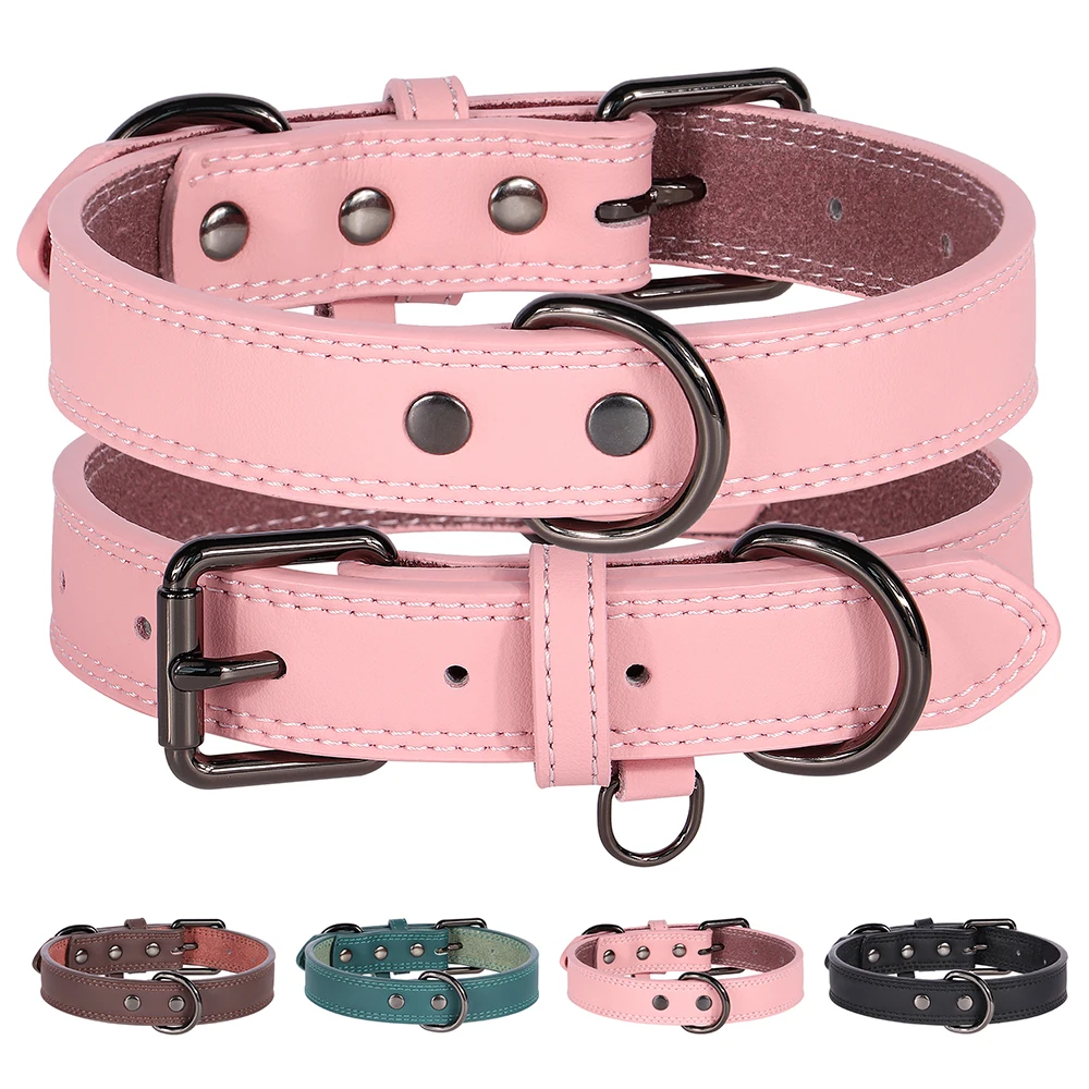 Collar de cuero suave para perros, collares ajustables de cuero PU para mascotas, Collar para perros pequeños, medianos y grandes, Pitbull, rosa, S-XL