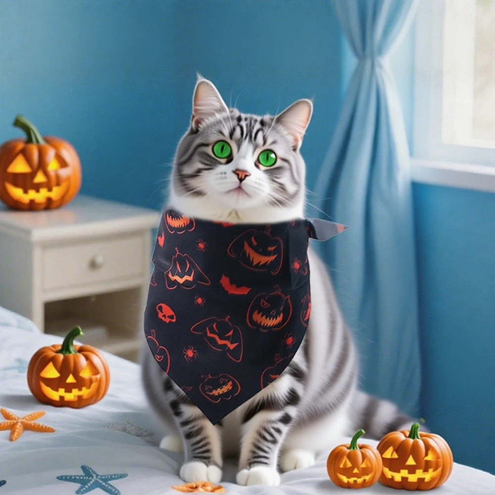 Pañuelos para perros con diseño de calabaza de Halloween, bufandas triangulares, babero transpirable para perros y gatos, razas pequeñas y medianas, para todas las estaciones, 1 ud. - imagen 3