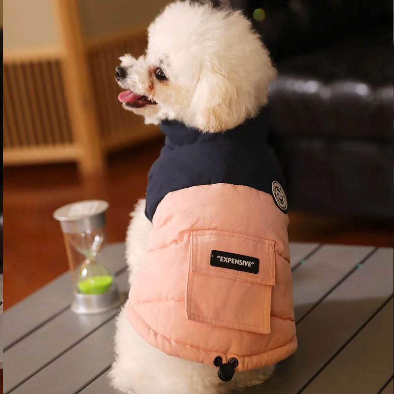 Abrigo de cuello alto para mascotas, Parkas para perros de otoño/invierno, abrigo con bolsillo en contraste, ropa para cachorros de peluche de otoño/invierno, ropa para perros pequeños - imagen 4