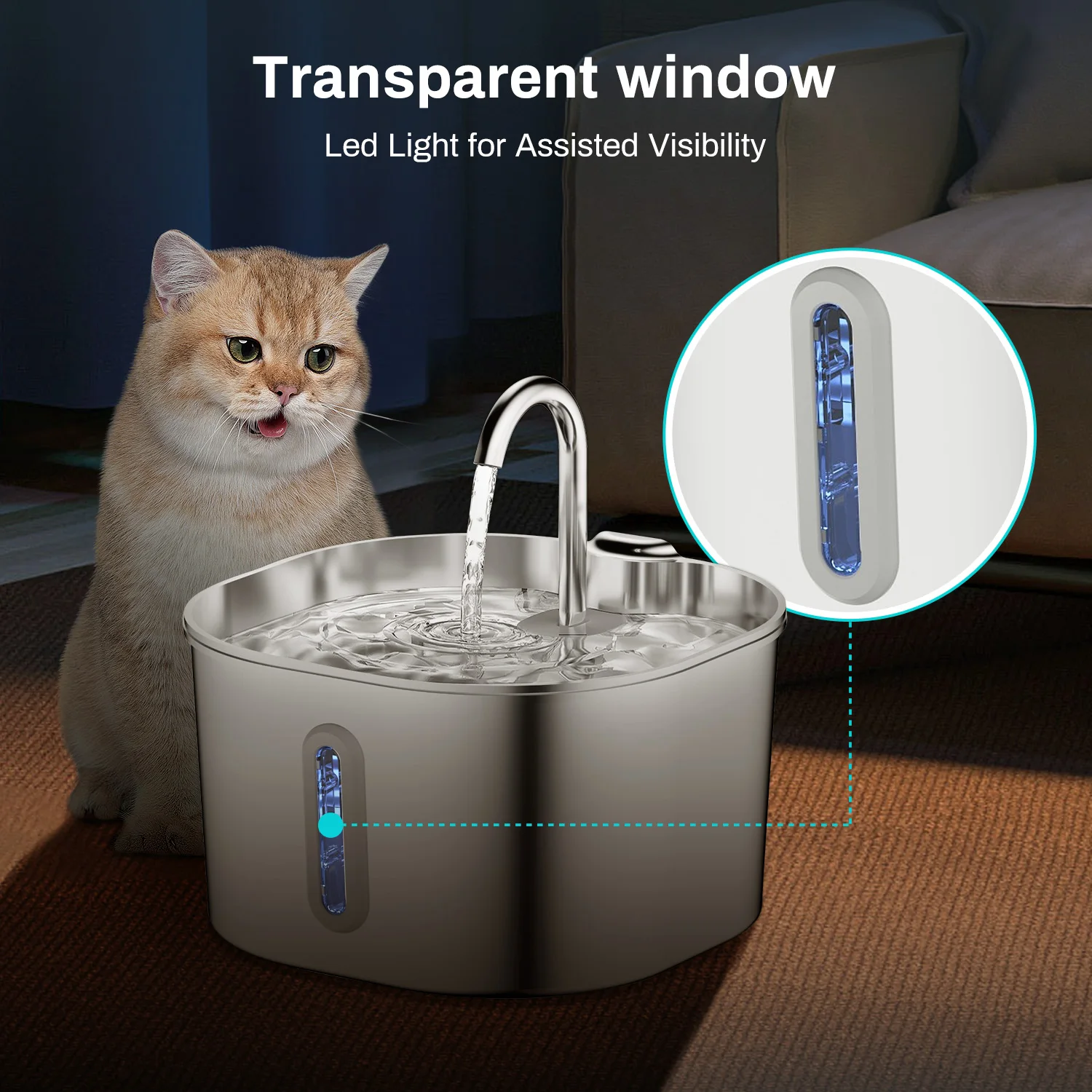 Fuente de agua de acero inoxidable de 2,2 L para gatos, dispensador automático de agua para mascotas, accesorios, bebedero automático para gatos, bebedero para perros - imagen 3