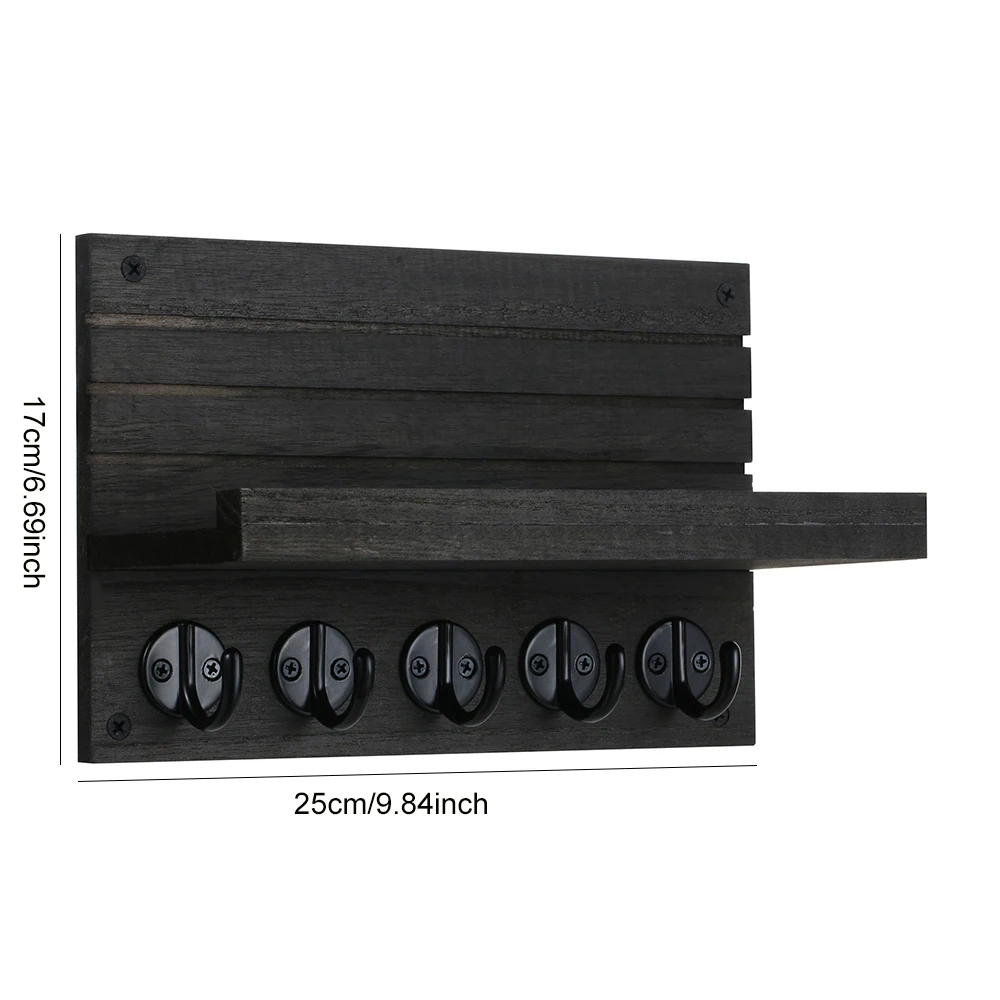 Soporte decorativo para llaves y postales con estante, estante de madera montado en la pared con 5 ganchos, bolsas colgantes, abrigos, paraguas para entrada
