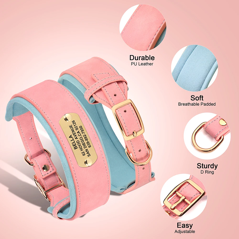 Collar de cuero personalizado para perro, collares acolchados anchos y suaves para perros medianos y grandes con placa de identificación grabada gratis, accesorios para perros - imagen 4